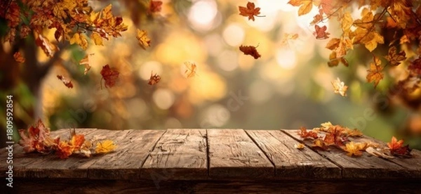 Fototapeta Empty rustic wooden table with falling autumn leaves and blurred foliage background