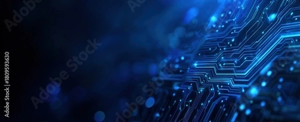 Fototapeta Abstract digital blue circuit board with glowing lights, technology background