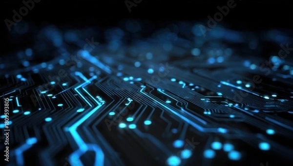 Fototapeta Close-up of a glowing blue digital circuit board with intricate pathways and nodes