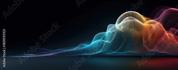 Fototapeta Colorful glowing abstract particle waves flow across a dark reflective surface