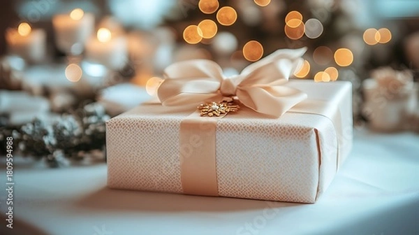 Fototapeta Wrapped Gift Box with Bow with Festive Holiday Background.