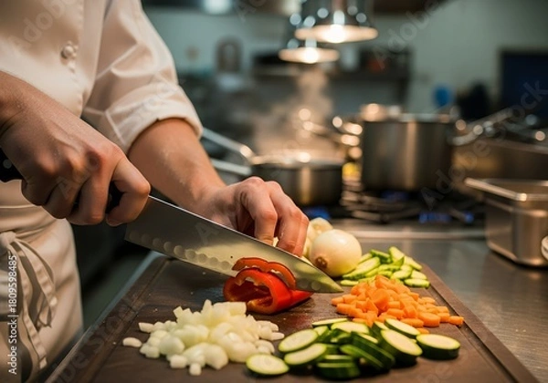 Obraz Chef preparing fresh vegetables with a knife on a wooden board in a restaurant kitchen, concept for culinary arts, food preparation and healthy eating