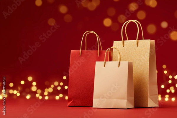 Obraz Red and Gold Shopping Bags on Red Background with Christmas Lights Bokeh
