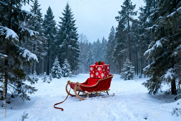 Obraz A magical winter wonderland scene of Santa's sleigh carrying a beautifully wrapped Christmas gift through a snow-covered forest trail