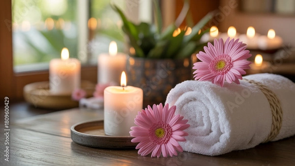 Fototapeta Relaxing spa scene with candles flowers and rolled towel