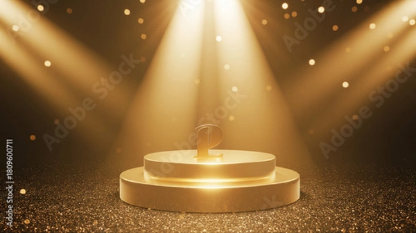 Fototapeta Golden podium illuminated by spotlights with falling confetti