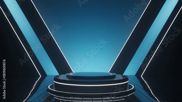 Fototapeta Futuristic stage with neon lights and spotlight