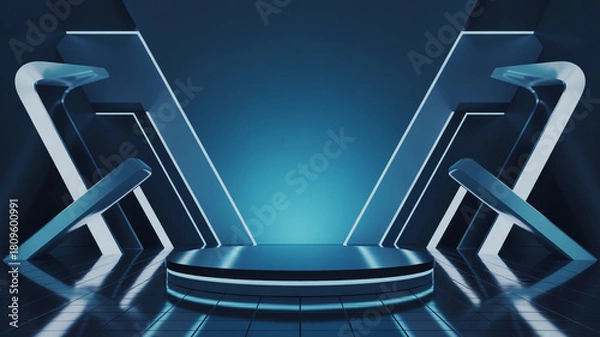 Fototapeta Futuristic neon stage with glowing blue lights and reflective floor