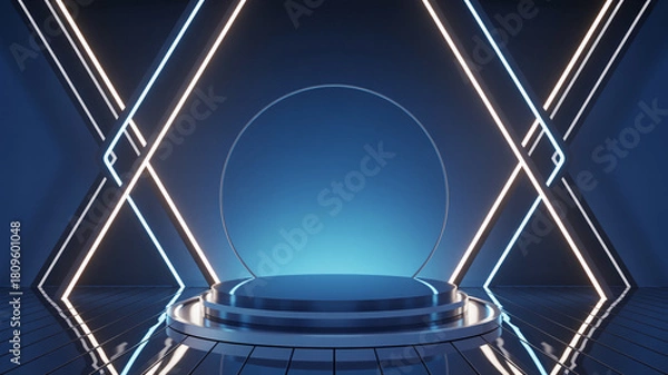 Fototapeta Futuristic neon stage with geometric lighting and podium