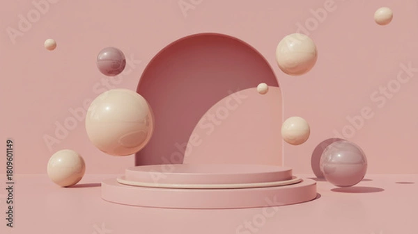 Fototapeta Pastel easter eggs and arch display on pink pedestal