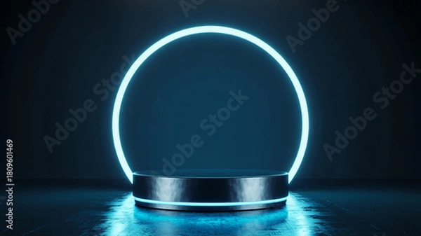 Fototapeta Futuristic neon egg shape display stand with blue glow