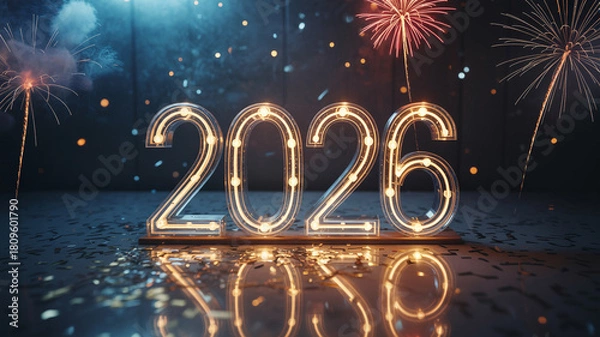 Fototapeta Glowing 2026 numbers illuminated by fireworks and bokeh lights