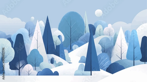 Obraz An abstract winter forest with geometric trees and snowy hills, part of a seasonal landscape series for posters and packaging collections
