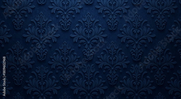 Fototapeta Luxurious Vintage Damask Pattern with deep midnight blue Textured Background, Damask Floral Background Texture Design.