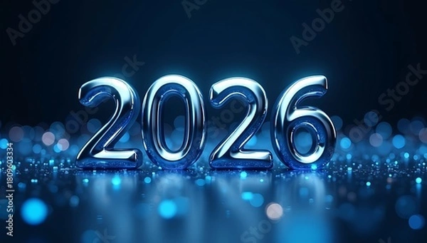Obraz Happy New Year 2026 shiny chrome 3D text with futuristic city lights and sparkling particles