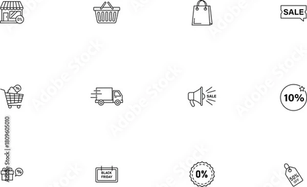 Fototapeta Shopping line icon set featuring sale, delivery, discount, retail and Black Friday vector symbols