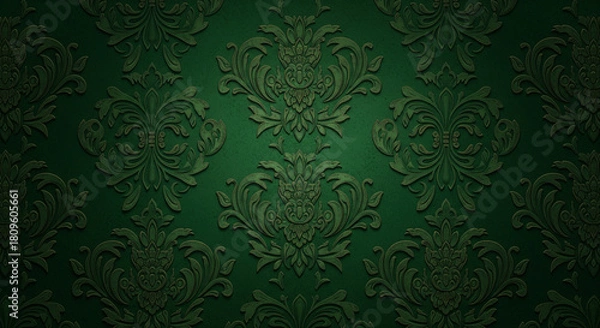 Fototapeta Luxurious Vintage Damask Pattern on rich emerald green Textured Background, Damask Floral Background Texture Design.