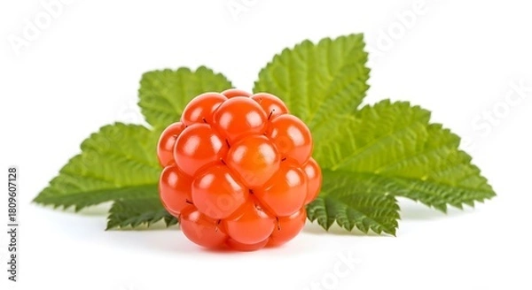 Fototapeta Vibrant Orange Cloudberry Fruit with Fresh Green Leaves.