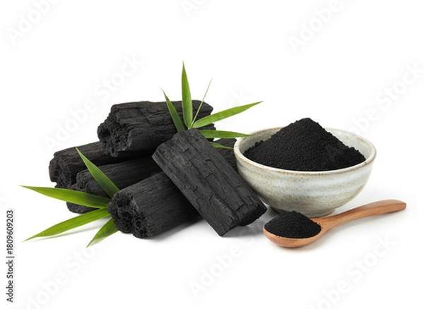 Fototapeta natural composition features several pieces of black charcoal chunks and a wooden bowl filled with fine black charcoal powder. A small wooden scoop holds more powder, and fresh green bamboo leaves add