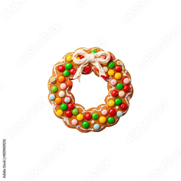 Obraz gingerbread wreath cookie with candy decorations and icing bow isolated on transparent background