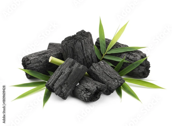 Fototapeta natural composition features several pieces of black charcoal chunks and a wooden bowl filled with fine black charcoal powder. A small wooden scoop holds more powder, and fresh green bamboo leaves add