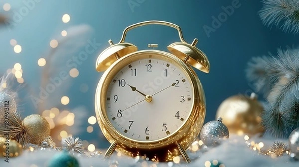 Fototapeta Vintage Golden Alarm Clock in Winter Holiday Atmosphere with Sparkling