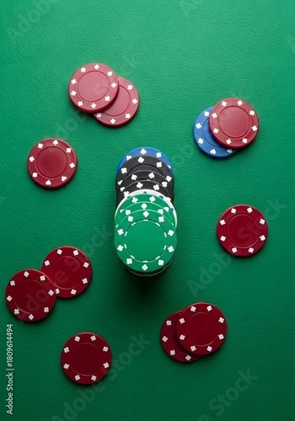 Fototapeta Poker chips on green table for casino nights and gaming enthusiasts