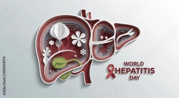 Fototapeta World hepatitis day awareness design featuring liver cutout and red awareness ribbon