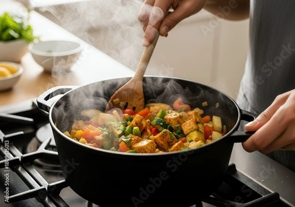 Fototapeta Hands stirring vibrant vegetables and tofu with wooden spoon on stove top, concept for healthy eating, vegetarian meals and food blogging