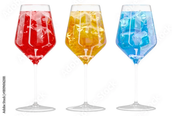 Fototapeta Set of wine glasses with colorful drinks and ice cubes. 3d illustration isolated on white