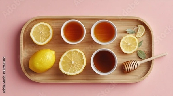 Fototapeta Wooden Tray with Lemon Honey and Herbal Tea on Pink Background