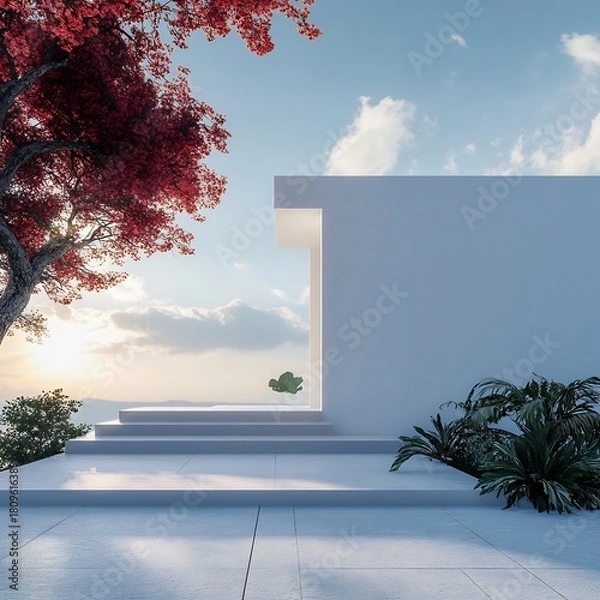 Obraz Minimalist White Concrete Stairs and Tropical Foliage Backdrop at Sunset