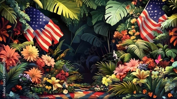 Obraz Patriotic American Flags in Lush Tropical Jungle Foliage on Independence Day