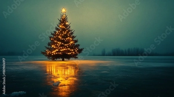 Obraz Glowing Christmas Tree Reflecting in Frozen Lake on Snowy Winter Night