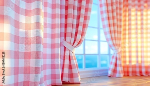 Obraz Softly Lit Room With Pink Gingham Curtains Partially Open Revealing A Bright Blue Sky And Ocean Vista Outside A Classic Window