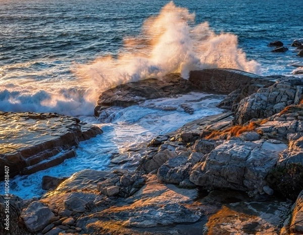 Fototapeta Ocean waves crash against sunlit rocky shore at sunset with golden light illuminating the water and coastline