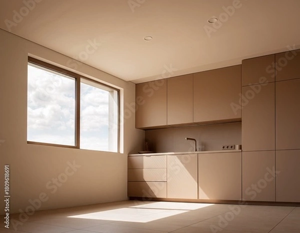 Fototapeta Modern Scandinavian Kitchen Interior With Large Windows Flooded With Natural Sunlight Creating Warm Ambiance And Shadow Play