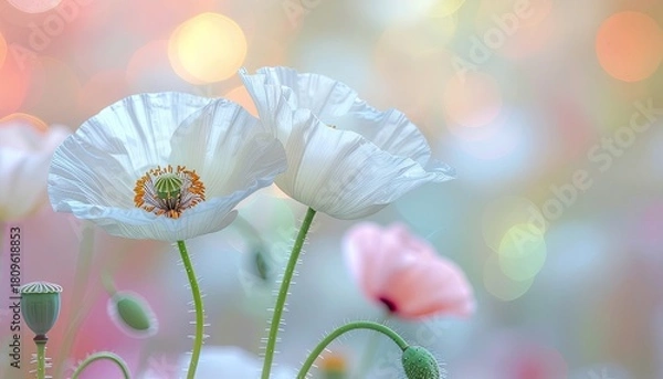 Obraz Delicate White Poppies With Water Droplets Amidst Soft Bokeh Background In Pastel Colors