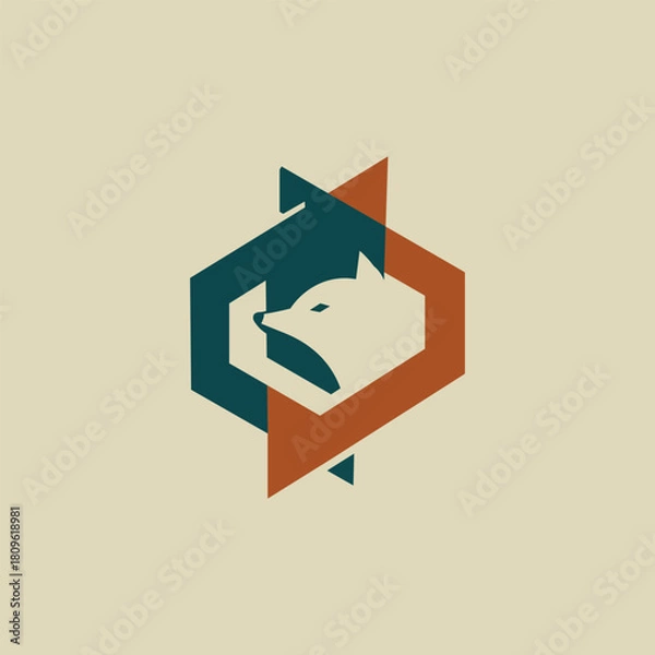 Fototapeta A modern abstract geometric logo design featuring a stylised fox head integrated within a hexagonal shape with overlapping teal and orange elements