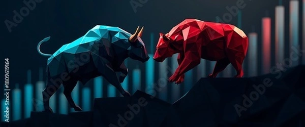 Fototapeta Geometric bull and bear faceoff representing stock market dynamics with financial trends illustrated through trading bars, symbolising investment and market fluctuations