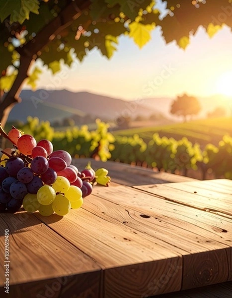 Obraz Close Up Bunch Of Grapes On Wooden Table Under Sunny Vineyards Landscape With Green Foliage