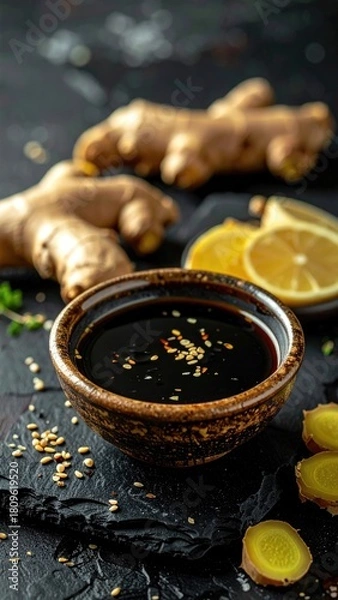 Obraz Close-Up Composition of Soy Sauce and Ingredients on a Black Textured Surface