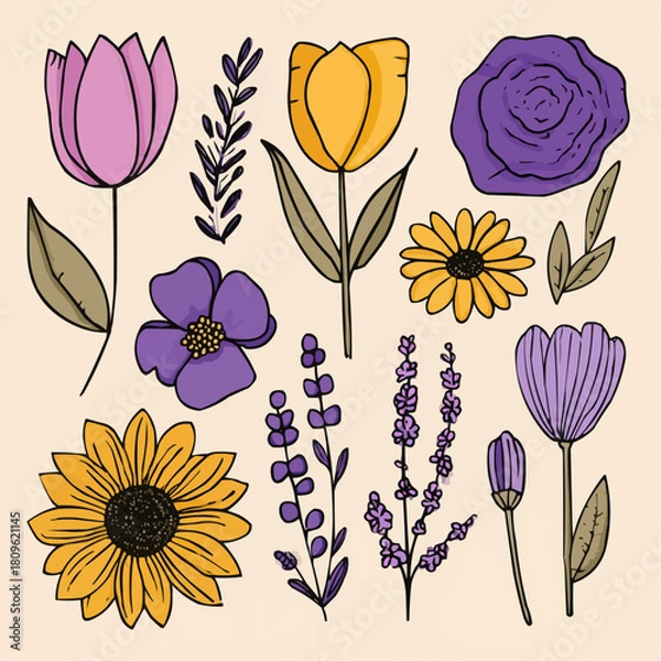 Obraz Naiveclipart set of lavender and yellow flowers including tulip, daisy, rose, lavender, chamomile, poppy, sunflower and leaves for wedding invitations and event decor