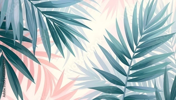 Fototapeta A serene tropical scene features overlapping palm fronds in shades of teal, pink, & white