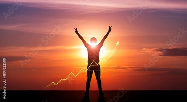 Obraz Silhouette of man celebrating success with arms up at sunset time
