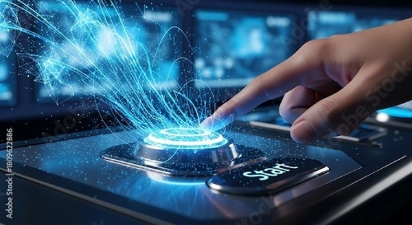 Obraz Finger touching a start button with blue light and digital data stream
