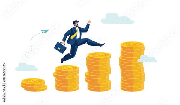 Fototapeta Business finance presentation. Businessman investor running up climbing up stacks of gold dollar coins. Financial freedom achievement, success, people, banner design, income growth Vector illustration