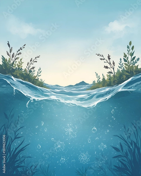 Fototapeta Underwater Split View with Plants and Sky