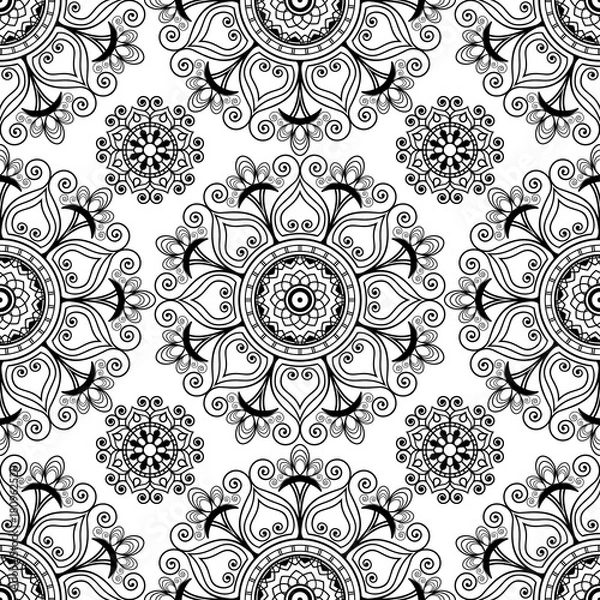 Fototapeta Mehndi henna seamless background with buta decoration items in Indian style.