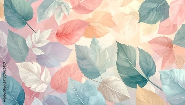 Fototapeta A soft, pastel-colored painting of overlapping leaves in various hues